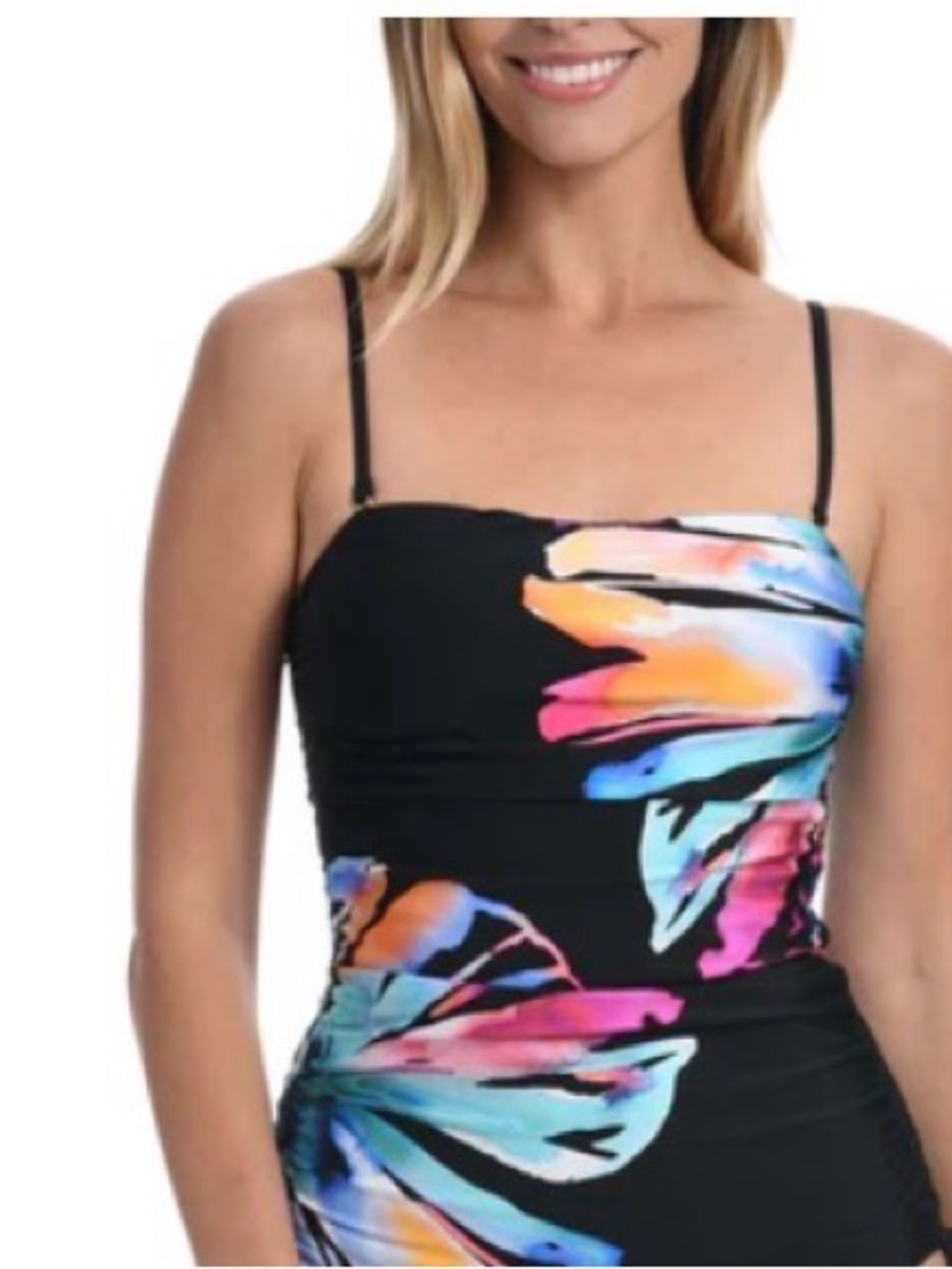 La Blanca Black Swim Top with Teal and Purple Floral Accents